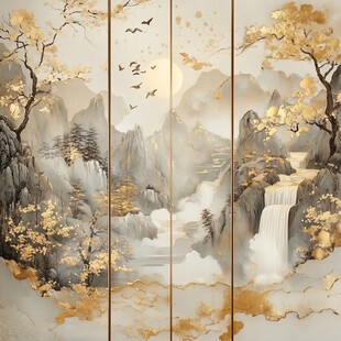 金色山水屏风画意境悠远