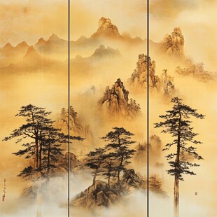 三联水墨山水松树图