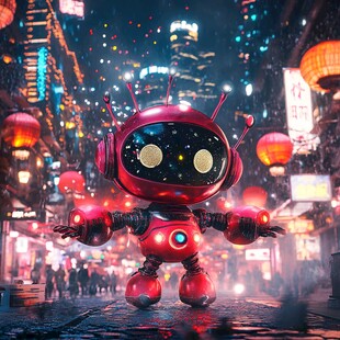 红色萌趣机器人漫步繁华都市