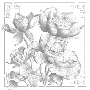 中式白描荷花花卉图案