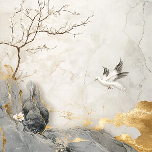 中式水墨风飞鸟山石图景