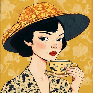 复古女郎优雅品茶插画