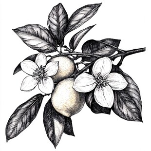 黑白手绘柠檬花枝图