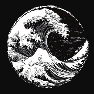 圆形浮世绘风格海浪图