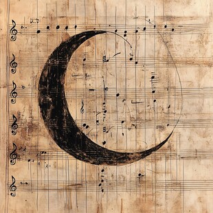 新月与音符的复古艺术画面