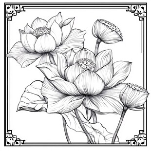 中式线描荷花图