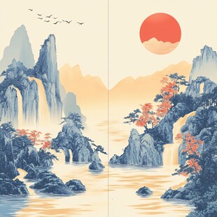 中式山水日出图