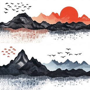 水墨山水间飞鸟伴红日