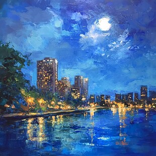 月夜下的城市河畔美景