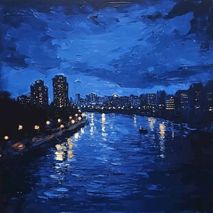 蓝色夜幕下的城市河畔风光
