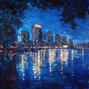 城市夜景油画中的璀璨光影