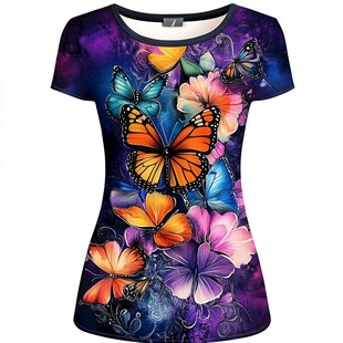 蝴蝶花卉印花女士短袖T恤