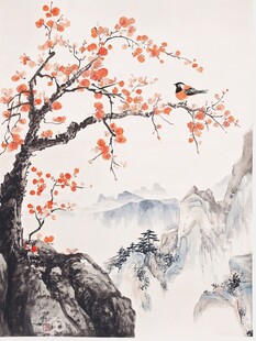 红梅栖鸟图 山水意韵浓
