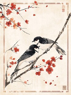 双鸟栖梅图
