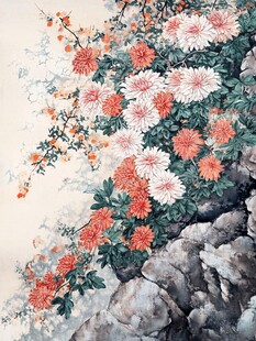 国画菊花图 岩石旁繁花绽放