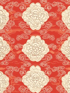 中式红底牡丹云纹图案