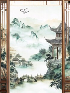 中式山水楼阁屏风画意境美
