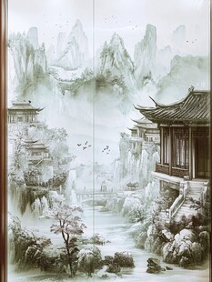 中式山水楼阁屏风画