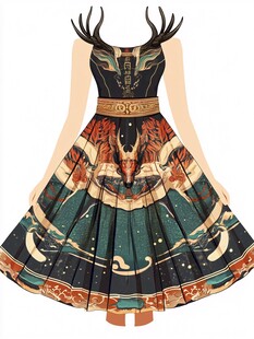 鹿角装饰国风印花连衣裙