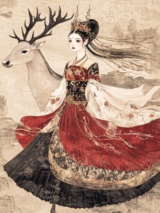 古风佳人伴鹿优雅画面