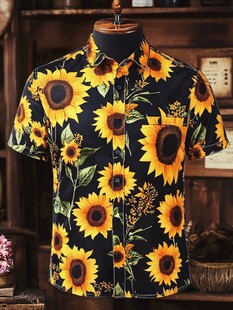 向日葵印花短袖男士衬衫