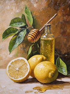 柠檬蜂蜜静物油画