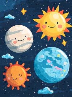 可爱卡通太阳系星球插画