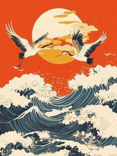 红日海浪间双鹤齐飞