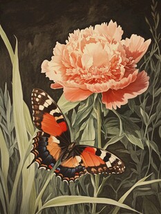 牡丹旁的蝴蝶花卉绘画