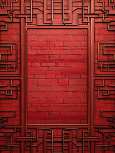 中式红砖墙配几何装饰框