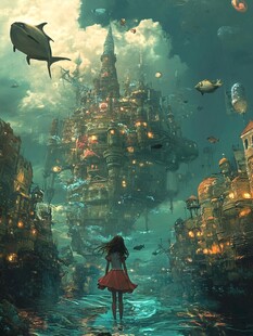 女孩凝望奇幻海底城堡