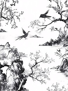 水墨山水间双燕展翅图