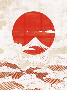 日式富士山与海浪风景图