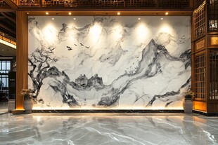 中式水墨山水大理石背景墙