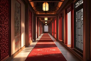 中式长廊 红墙红灯笼美景