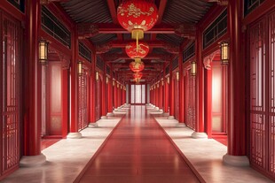 中式红廊 古韵灯笼映长廊