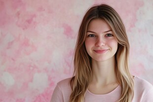 粉色背景前的微笑女子