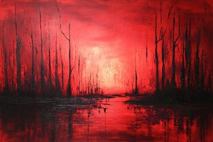 血色黄昏下的静谧森林