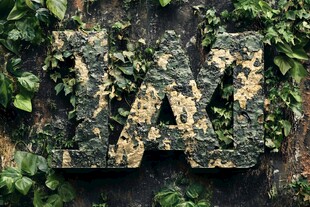 斑驳绿植环绕的立体字母