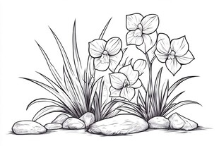 手绘兰花与石的植物图景
