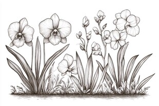 手绘兰花植物线条图