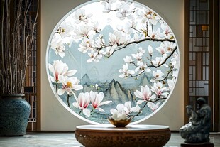 中式圆窗玉兰花景