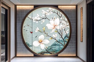 中式玄关处的花鸟圆形壁画