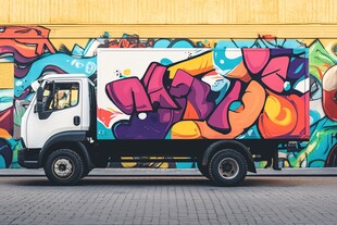 涂鸦艺术卡车停在多彩墙前