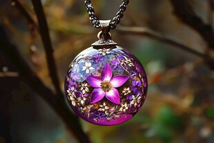 紫色花朵玻璃吊坠项链