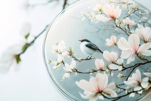 玉兰花枝上的灵动小鸟