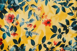 黄色底花卉绿叶图案布料