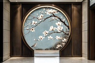 中式玄关圆形玉兰花装饰画