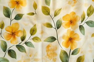 黄色花卉绿叶图案布料