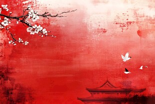 红梅映阁飞鸟图